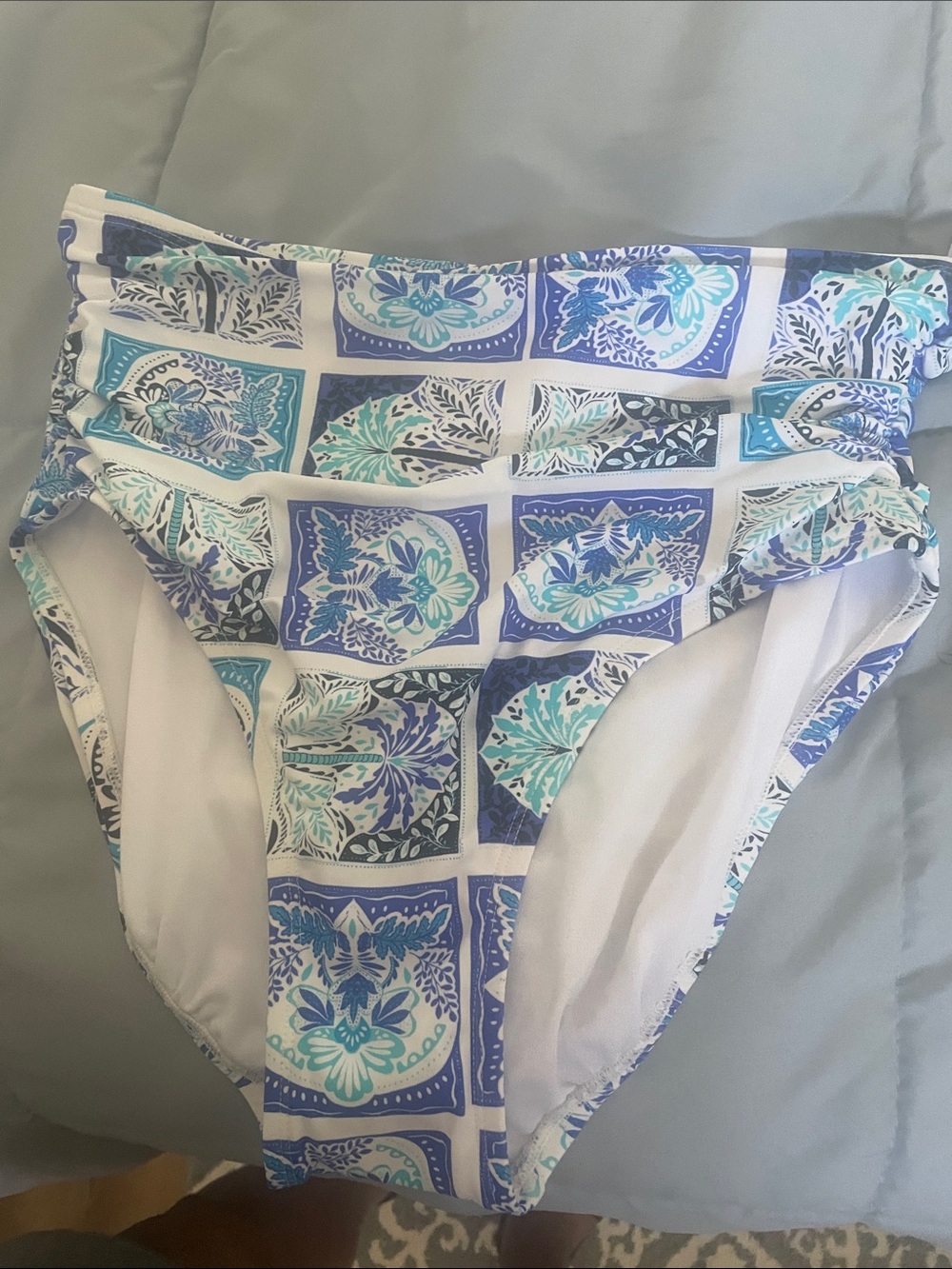 Liz Claiborne White, Blue & Aqua Tile-Print High-Waist Bikini Bottom